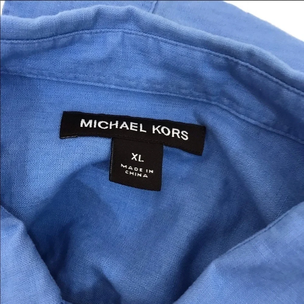 MICHAEL KORS Mens Blue Linen Collared Buttondown Casual Shirt